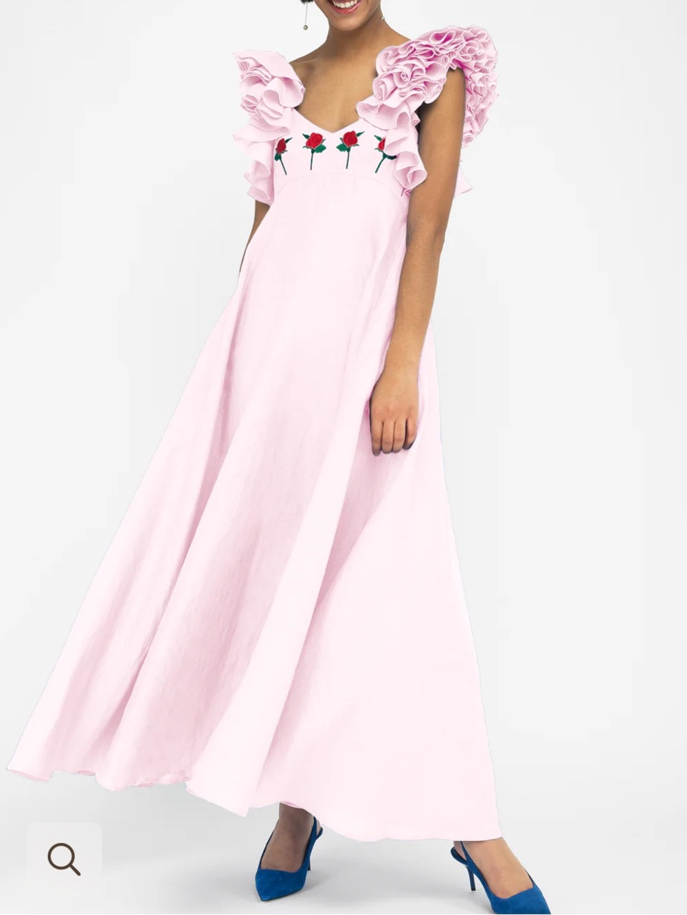 NWT Fanm Mon Demre Pink Maxi Dress with Rose Embroidery & Ruffled Sleeves XS